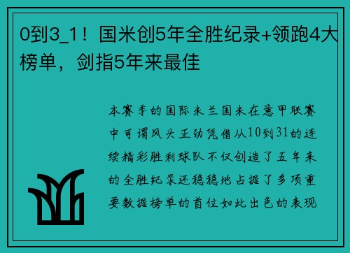 0到3_1！国米创5年全胜纪录+领跑4大榜单，剑指5年来最佳