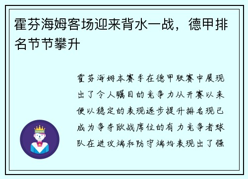 霍芬海姆客场迎来背水一战，德甲排名节节攀升