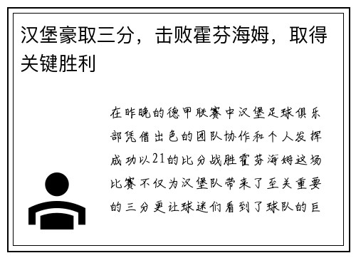 汉堡豪取三分，击败霍芬海姆，取得关键胜利