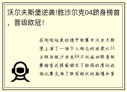 沃尔夫斯堡逆袭!胜沙尔克04跻身榜首，晋级欧冠！