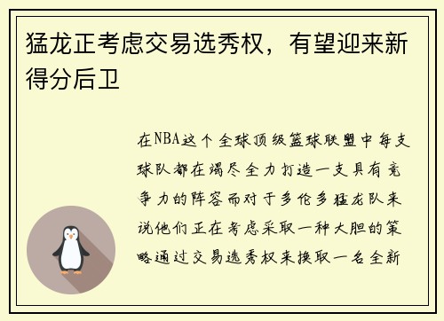 猛龙正考虑交易选秀权，有望迎来新得分后卫